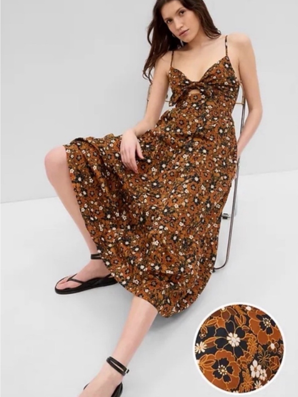 GAP Tie Cutout Midi Floral Cotton Dress Black Brown Size Medium Tall
